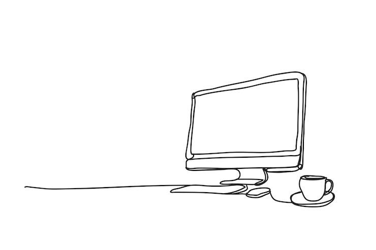 Vector diseño vectorial de estilo de dibujo de línea de computadora y taza de café