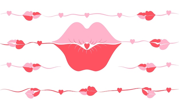 Diseño vectorial en un estilo plano que consiste en besos labios corazones