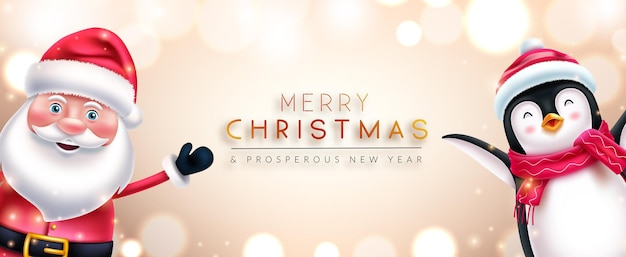 Diseño vectorial de felicitación navideña. Texto de feliz navidad con personajes de santa claus y pingüinos.