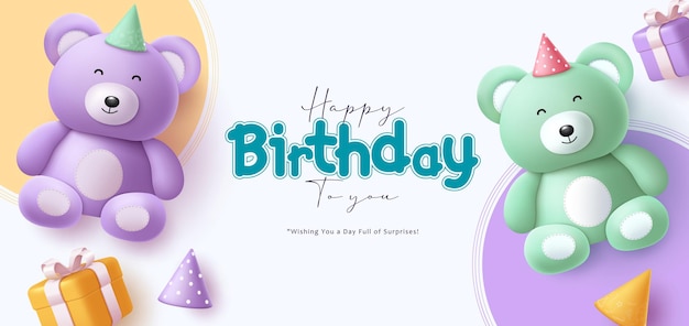 Diseño vectorial de felicitaciones de cumpleaños con un bonito oso de peluche púrpura y verde