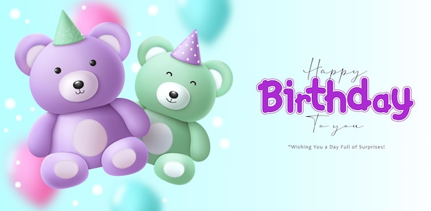 Diseño vectorial de felicitaciones de cumpleaños Con un lindo oso de peluche púrpura y verde