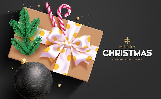 Diseño vectorial de felicitaciones de Navidad Texto de felicitación de Navidad con caja de regalos marrón Xmas Ball