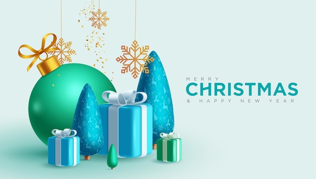 Diseño vectorial de felicitaciones de Navidad Texto de felicitación de Navidad con patrón de caja de regalos árbol de pino