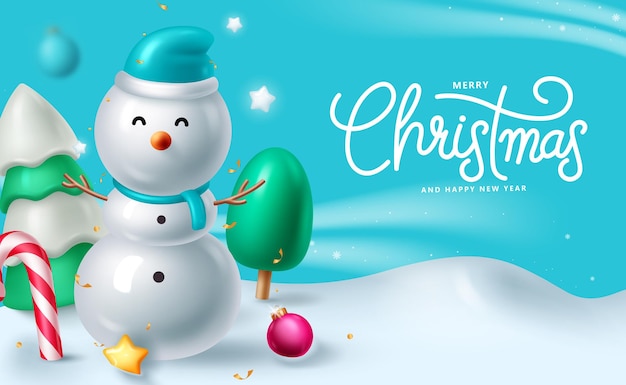 Diseño vectorial de felicitaciones de Navidad Texto de felicitación de Navidad con personaje de muñeco de nieve y pino