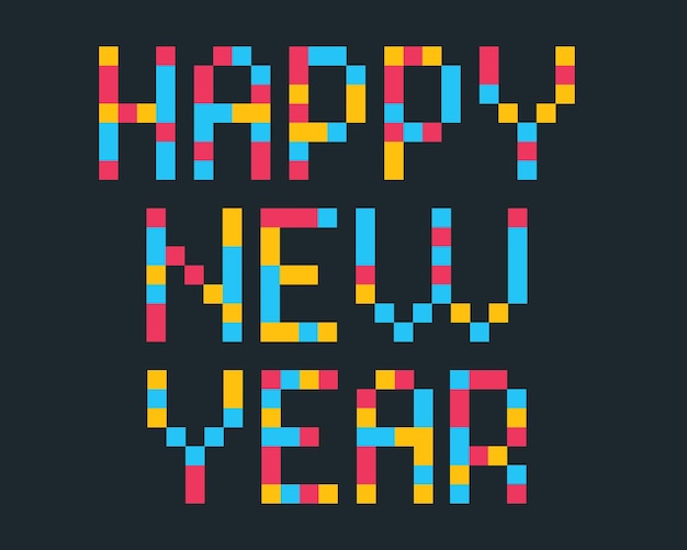 Diseño vectorial Feliz Año Nuevo con cuadrados coloridos Texto en color pixelado Feliz Año Nuevo aislado en un fondo oscuro
