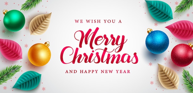 Diseño vectorial de feliz Navidad. Texto de saludo de feliz navidad con coloridas bolas de navidad y licencia