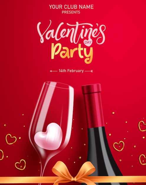 Vector diseño vectorial de la fiesta del día de san valentín. tarjeta de invitación de san valentín con elementos de vidrio y botella de vino.