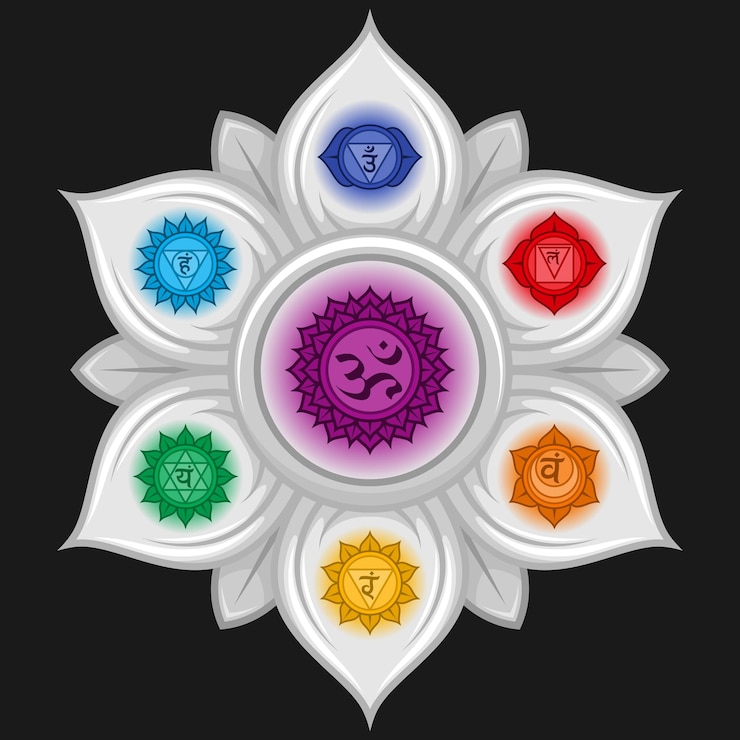 Vector diseño vectorial de flor de loto con símbolo de chakras