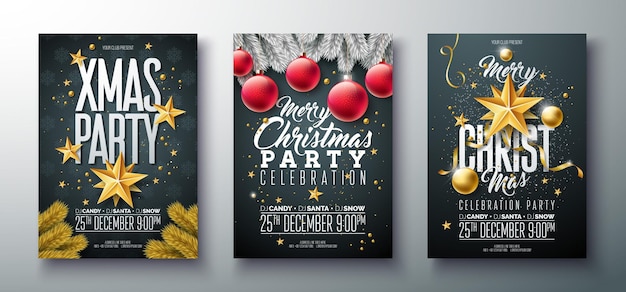 Diseño vectorial de folleto de fiesta de Navidad feliz con bola de vidrio ornamental y rama de abeto en negro