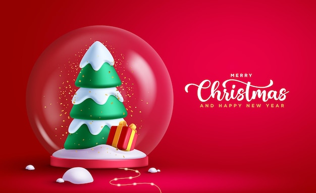 Diseño vectorial de globo de nieve de Navidad Texto de felicitación de Navidad en fondo rojo con pino