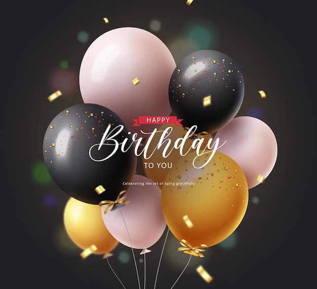 Diseño vectorial de globos de cumpleaños Con un montón de oro blanco y negro