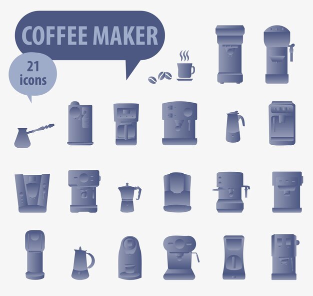Diseño vectorial del icono de la máquina de café Varios tipos de máquinas de café Gradiente de color azul