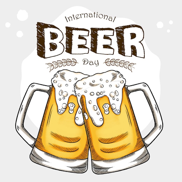 El diseño vectorial de ilustración del Día Internacional de la Cerveza dibujado a mano sobre fondo orgánico se puede utilizar para pa