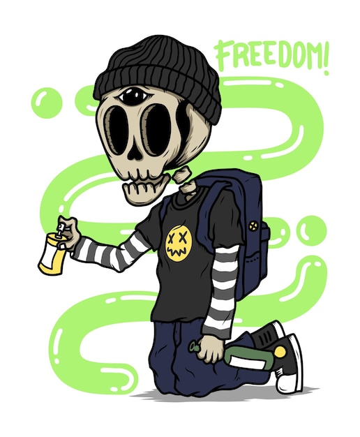 Diseño vectorial de ilustración dibujada a mano del dibujo mural del esqueleto