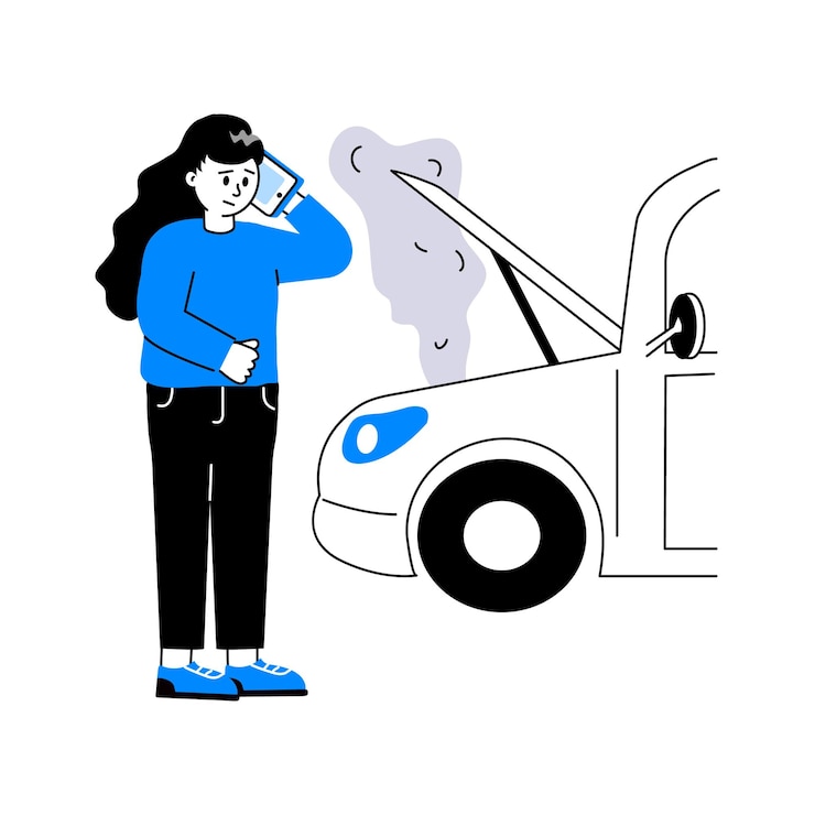 Vector diseño vectorial de ilustración del motor de automóvil sobrecalentado mujer estresada debido a daños en el automóvil
