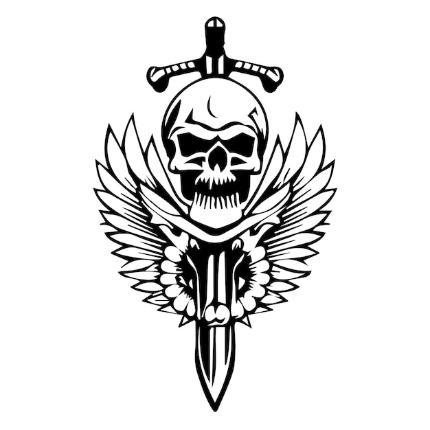 Diseño vectorial de la ilustración del tatuaje del cráneo y la espada