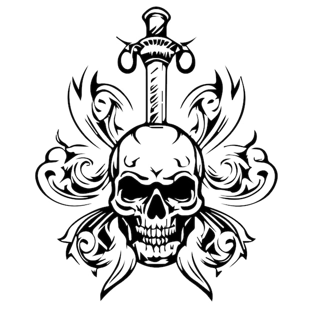 Diseño vectorial de la ilustración del tatuaje del cráneo y la espada