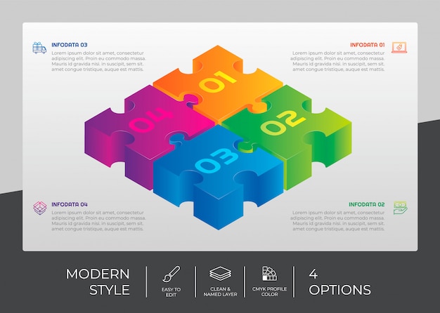 Diseño vectorial de infografía con 4 opciones y concepto de rompecabezas