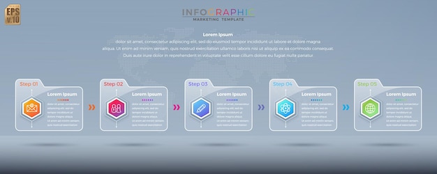 Diseño vectorial infográfico Carpeta de plantillas coloridas de negocios 5 opciones iconos hexagonales en estilo de transparencia de vidrio Puede usarse para el proceso de marketing presentaciones de flujo de trabajo diagrama de flujo de diseño anuncio de impresión