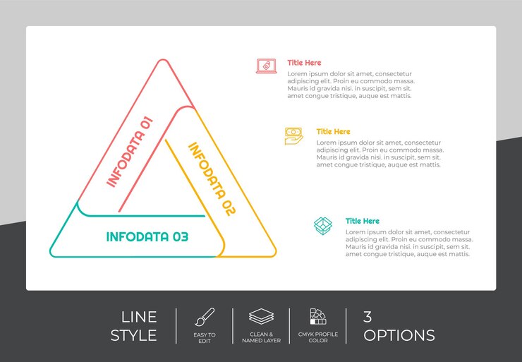 Vector diseño vectorial infográfico triangular con 3 opciones de estilo colorido para fines de presentación la opción infográfica de línea se puede utilizar para negocios y marketing