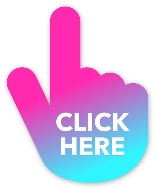 diseño vectorial de la inscripción haga clic aquí en la forma de una mano con un dedo en colores brillantes