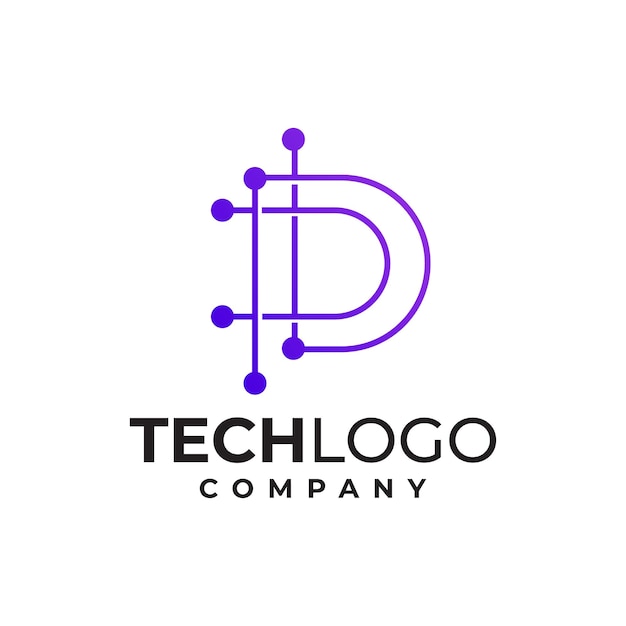 Diseño vectorial de la letra D y la placa de circuitos del logotipo de una empresa de tecnología moderna