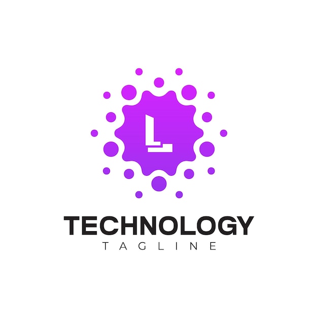 Diseño vectorial de la letra L y los puntos digitales púrpuras del logotipo de tecnología moderna