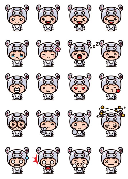 diseño vectorial de lindo conjunto de mascota hipopótamo