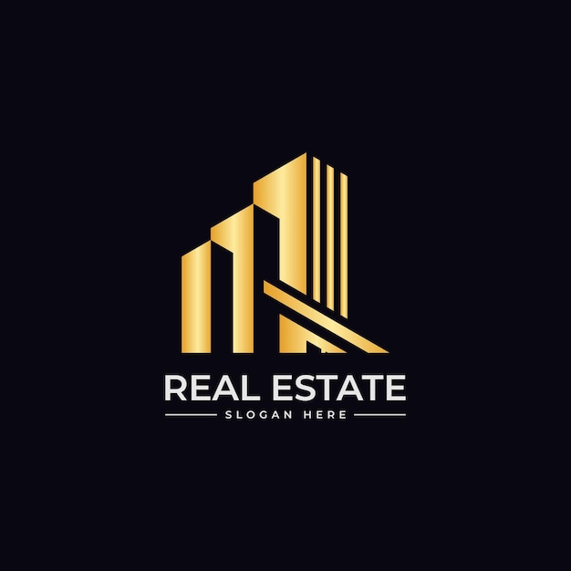 Diseño vectorial de logotipo de bienes raíces con color dorado