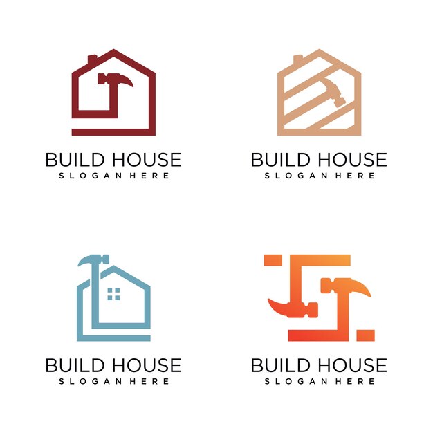 Vector diseño vectorial del logotipo de la construcción de la casa con estilo de martillo y concepto creativo