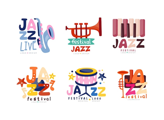 Diseño vectorial del logotipo del festival de jazz Conjunto de eventos musicales Etiquetas dibujadas a mano Insignias Ilustración vectorial