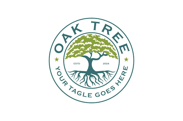Diseño vectorial del logotipo del sello de etiqueta de árbol de roble retro