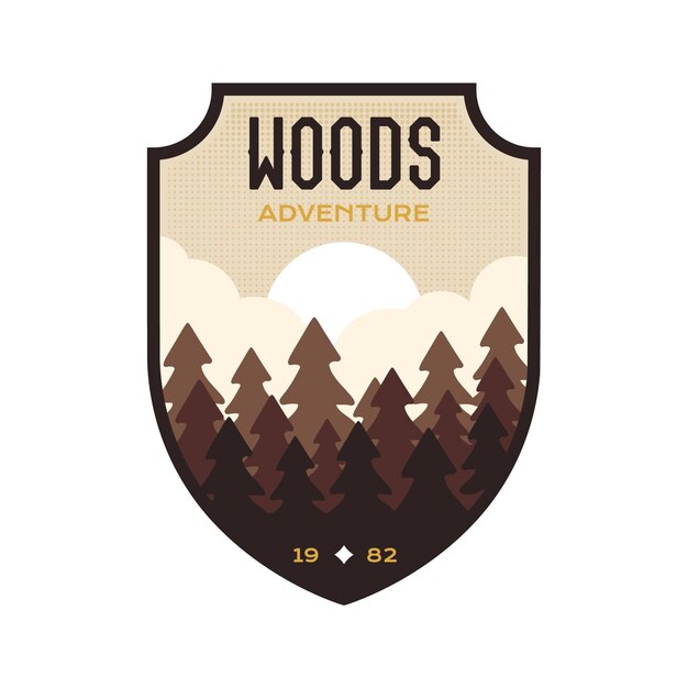 Diseño vectorial del logotipo de Woods con árboles, paisaje natural, gráficos de insignia de camping en estilo retro, emblema colorido de viaje, etiqueta de aventura vectorial aislada