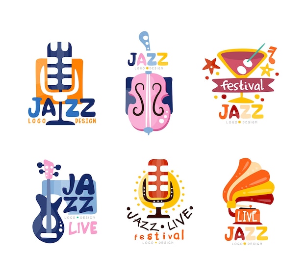 Diseño vectorial de logotipos de festivales de música de jazz Etiquetas de eventos musicales Insignias Ilustración vectorial