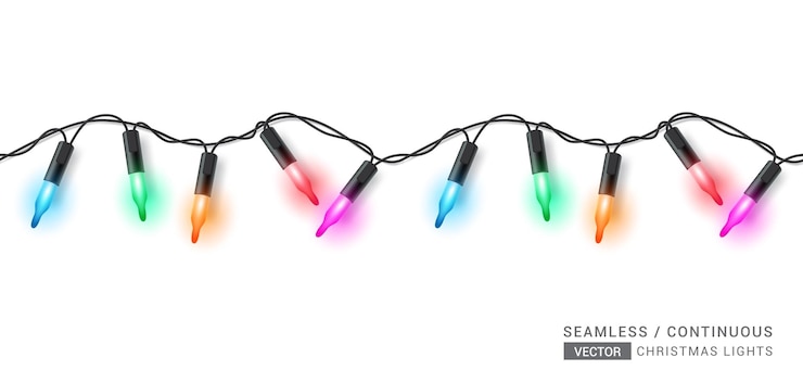 Vector diseño vectorial de luces navideñas sin fisuras. luz de navidad brillante sin costuras con colgantes coloridos que brillan intensamente