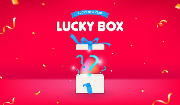Vector diseño vectorial lucky box signo de interrogación que sale de la caja de regalo sobre fondo rojo