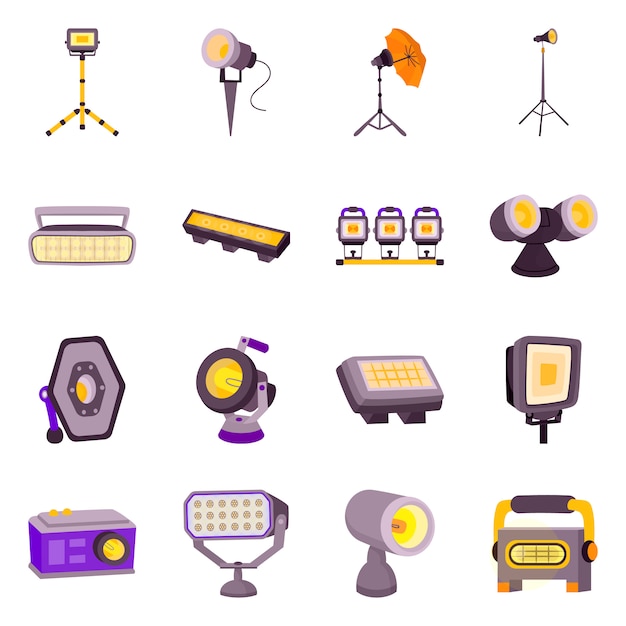 Diseño vectorial de luz y señal de teatro. Colección de luz y set de estudio.