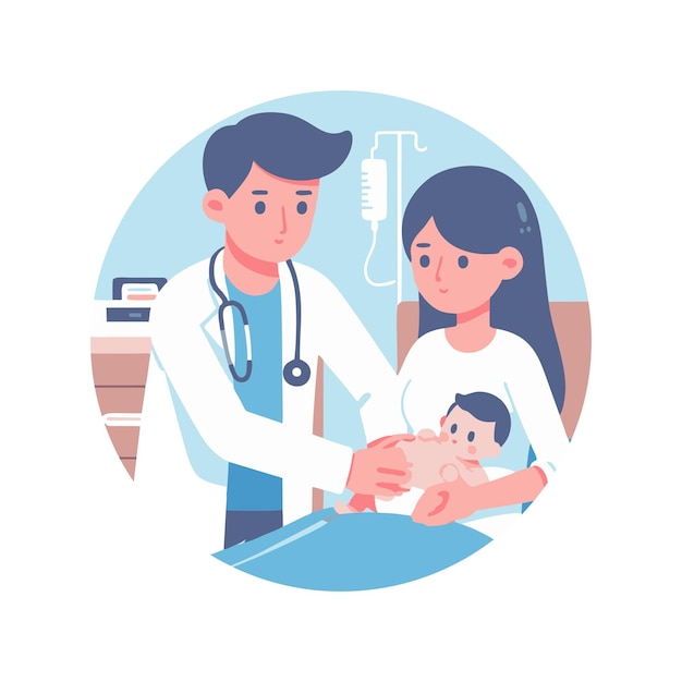 Vector diseño vectorial de un médico ayudando a cuidar a un bebé recién nacido