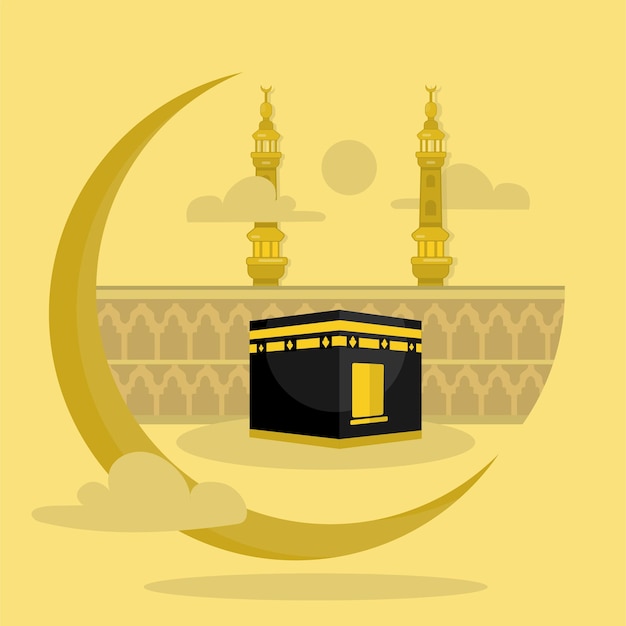 Diseño vectorial de la mezquita Haram Kaaba y musulmanes de La Meca que van al Hajj musulmán Eid alAdha y qurban