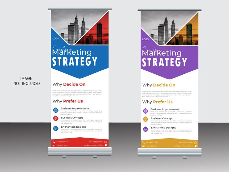 Diseño vectorial moderno de banner enrollable con lugar de imagen