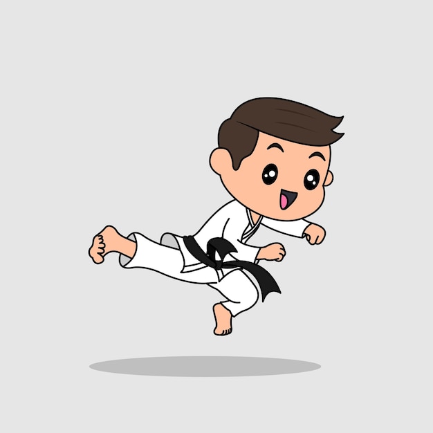Diseño vectorial de un niño lindo entrenando y mostrando la postura de karate