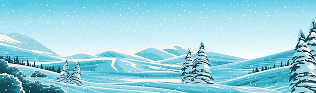 diseño vectorial paisaje de invierno con montañas cubiertas de nieve y pinos