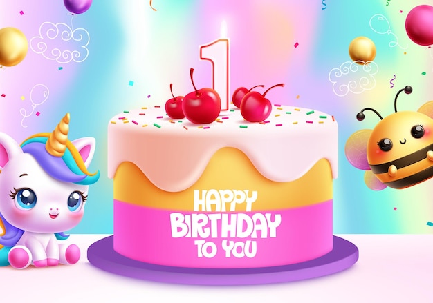 Diseño vectorial de pastel de cumpleaños Texto de felicitación de cumpleañas en coloridos elementos de pastel con lindo