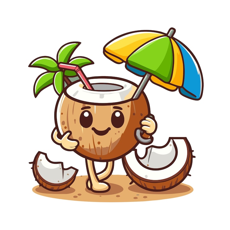 Vector diseño vectorial de un personaje de coco plano bebiendo agua de coco y disfrutando de unas vacaciones en la playa