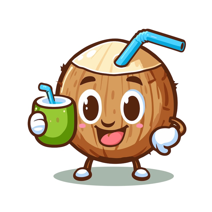 Vector diseño vectorial de un personaje de coco plano bebiendo agua de coco y disfrutando de unas vacaciones en la playa