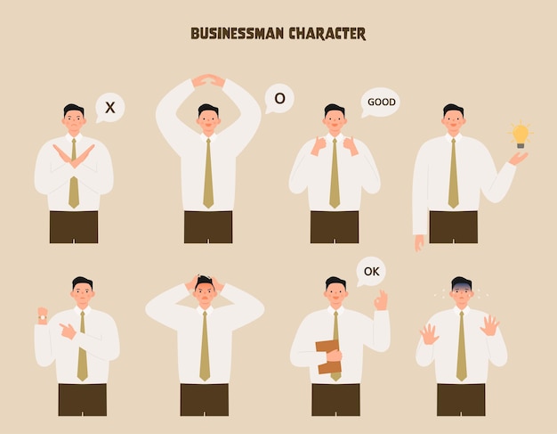 Diseño vectorial de personajes de hombres de negocios Hombre de negocios en diferentes posturas y gestos