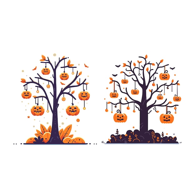 Diseño vectorial plano de árboles y calabazas de halloween colgantes