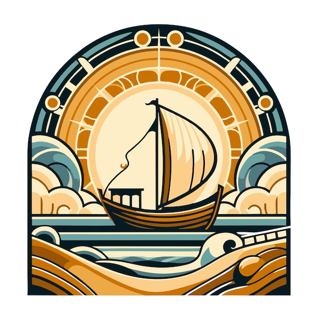 Vector diseño vectorial plano de un barco en la playa en estilo art nouveau