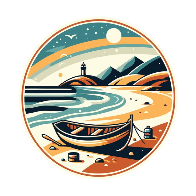 diseño vectorial plano de un barco en la playa en estilo art nouveau