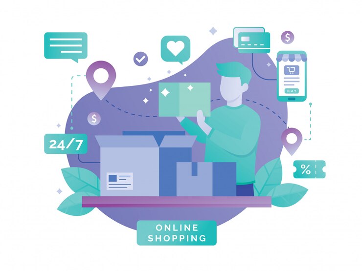 Vector diseño vectorial plano con comercio electrónico y compras en línea.
